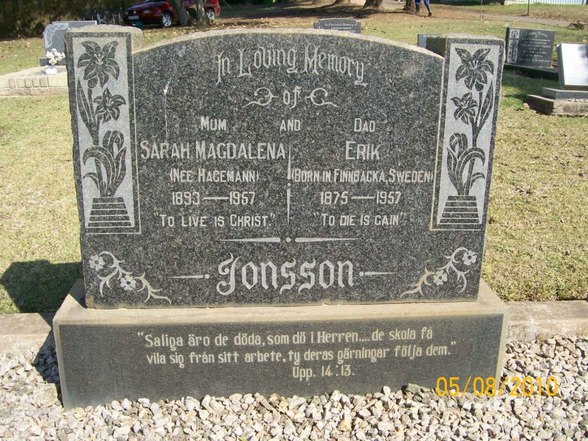 JONSSON Erik 1875-1957 &amp; Sarah Magdalena HAGEMANN 1893-1957