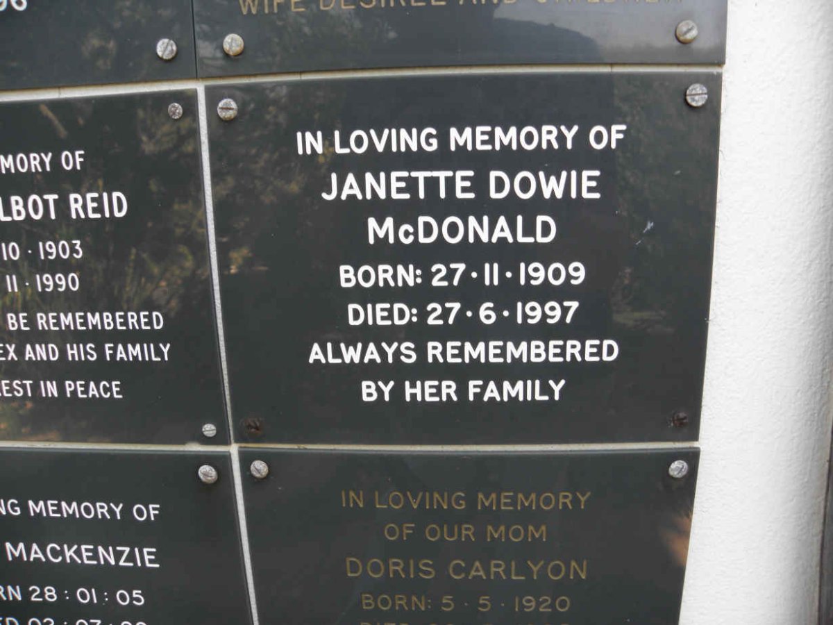 McDONALD Janette Dowie 1909-1997