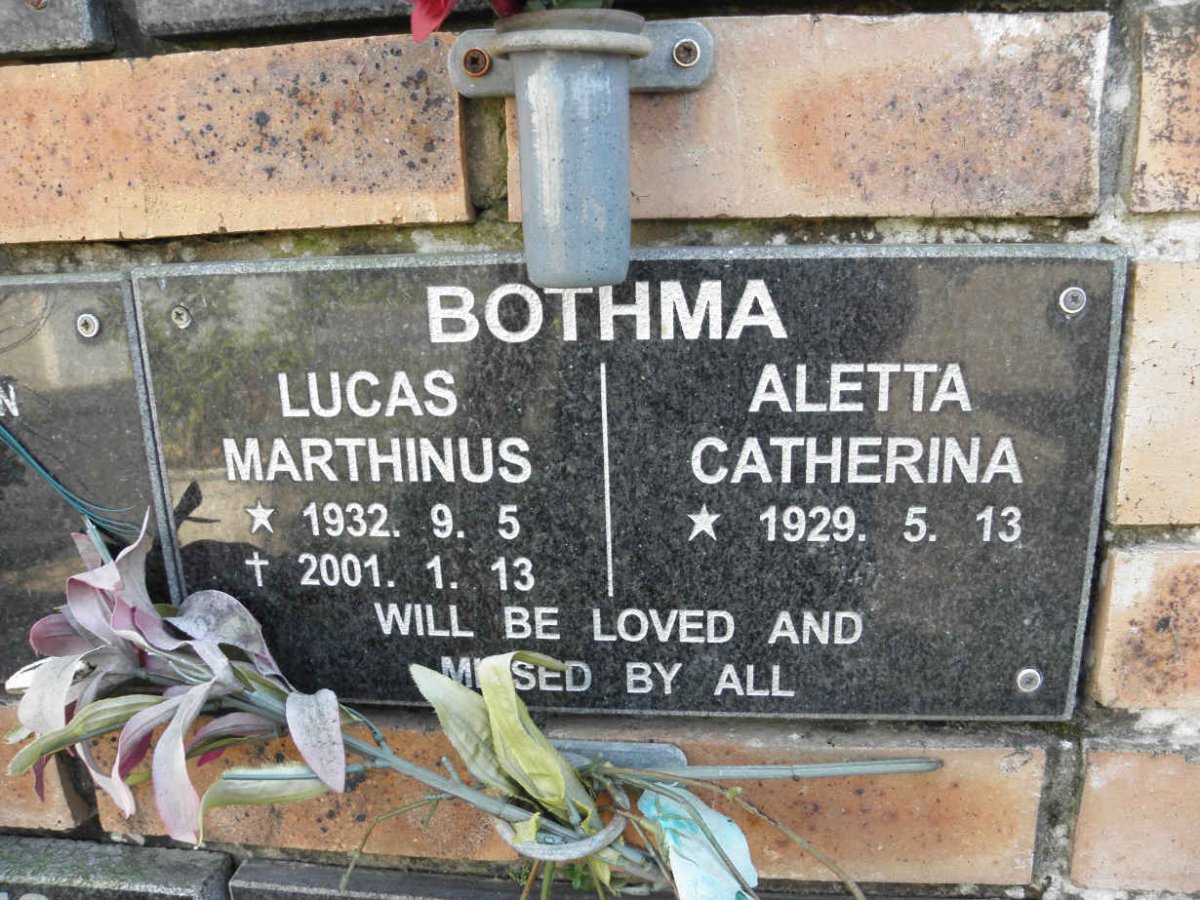 BOTHMA Lucas Marthinus 1932-2001 &amp; Aletta Catherina 1929-