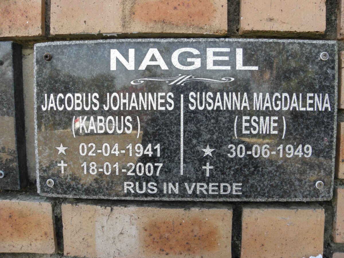NAGEL Jacobus Johannes 1941-2007 &amp; Susanna Magdalena 1949-