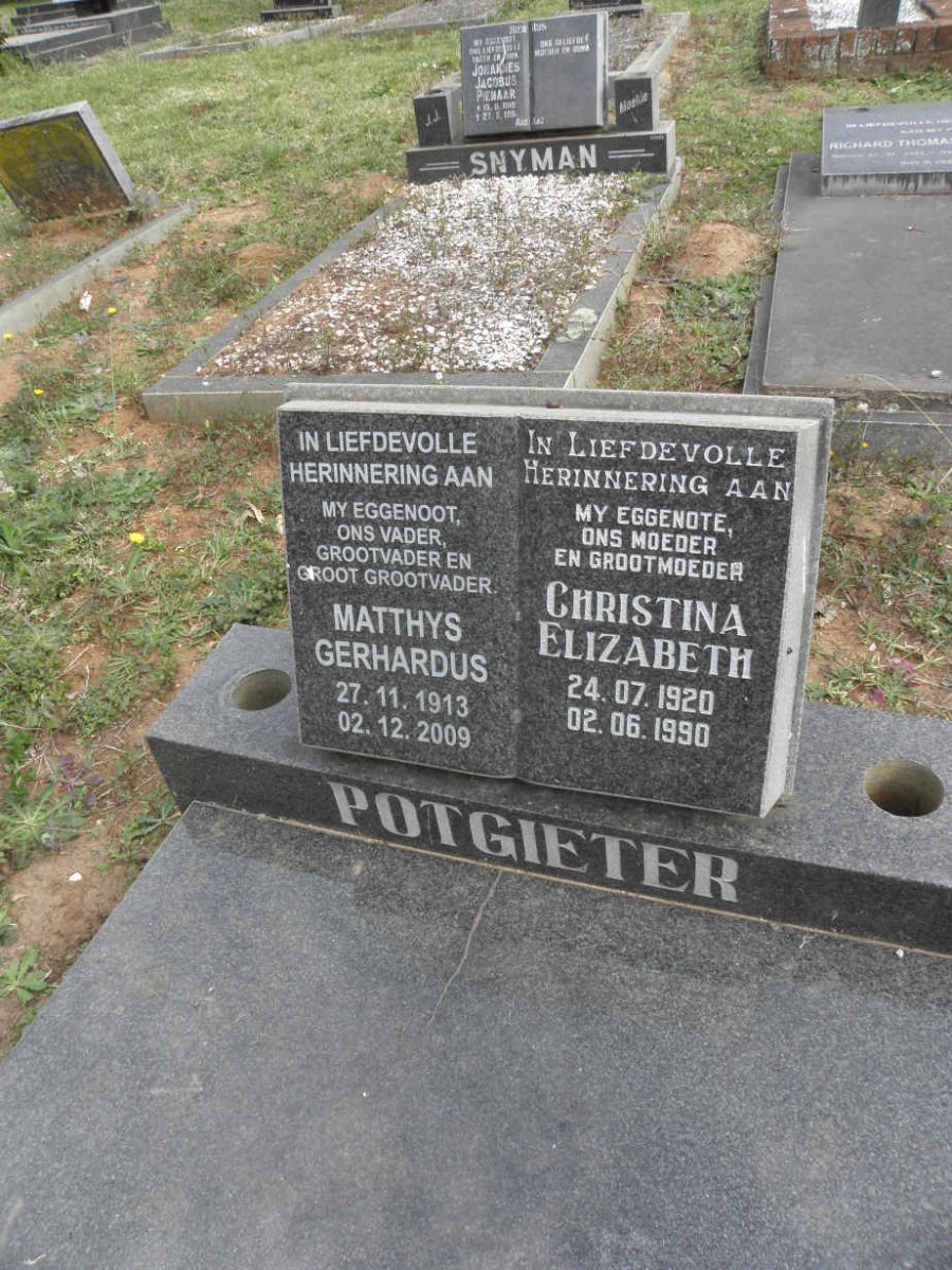 POTGIETER Matthys Gerhardus 1913-2009 &amp; Christina Elizabeth 1920-1990