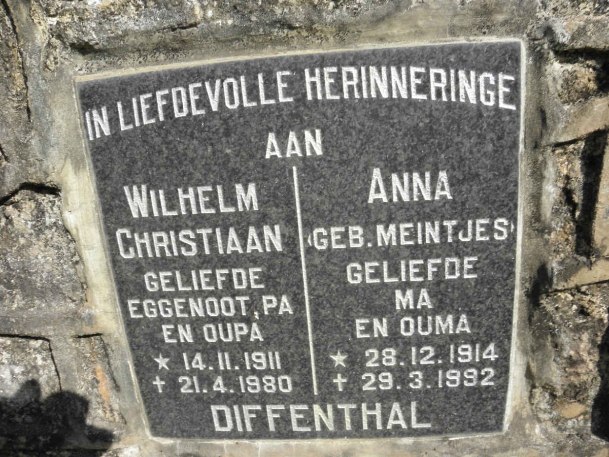 DIFFENTHAL Wilhelm Christiaan 1911-1980 &amp; Anna MEINTJES 1914-1992
