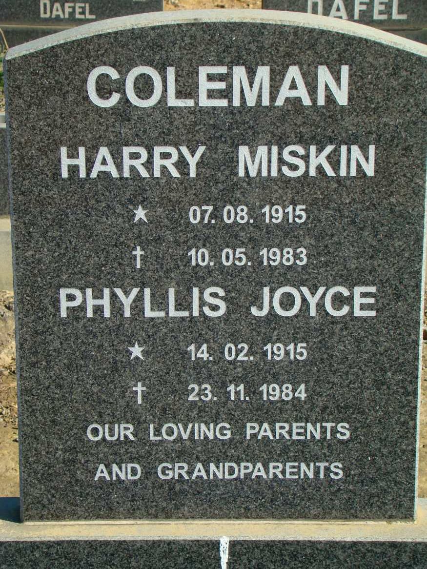 COLEMAN Harry Miskin 1915-1983 &amp; Phillis Joyce 1815-1984