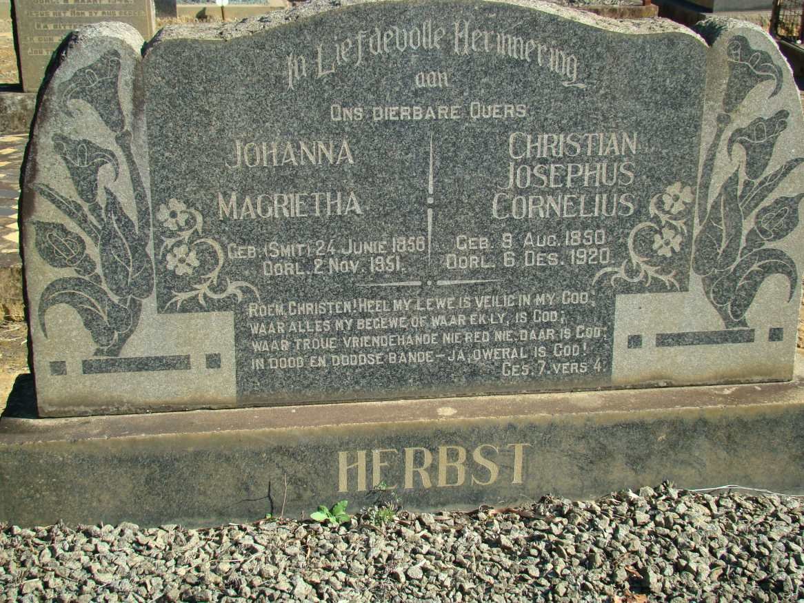 HERBST Christian Josephus Cornelis 1850-1920 &amp; Johanna Magrietha SMIT 1856-1951