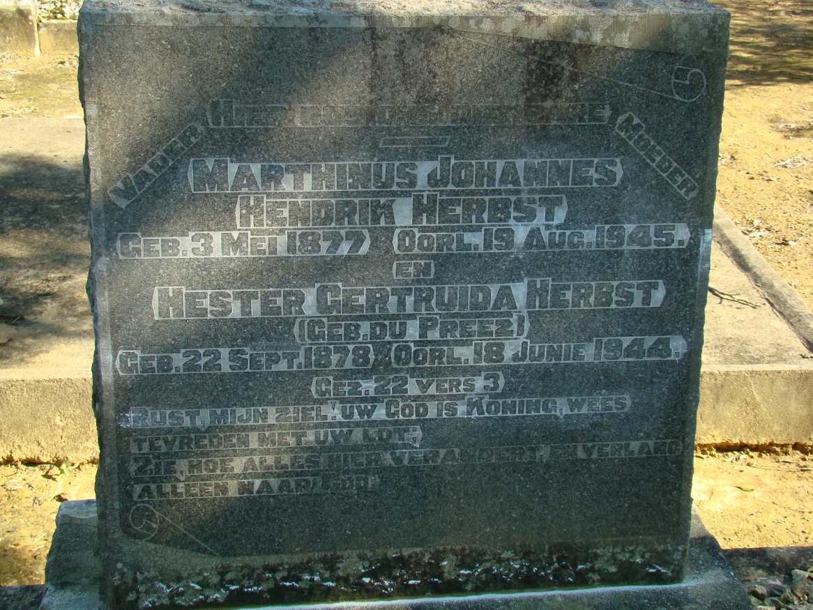 HERBST Marthinus Johannes Hendrik 1877-1945 &amp; Hester Gertruida DU PREEZ 1878-1944