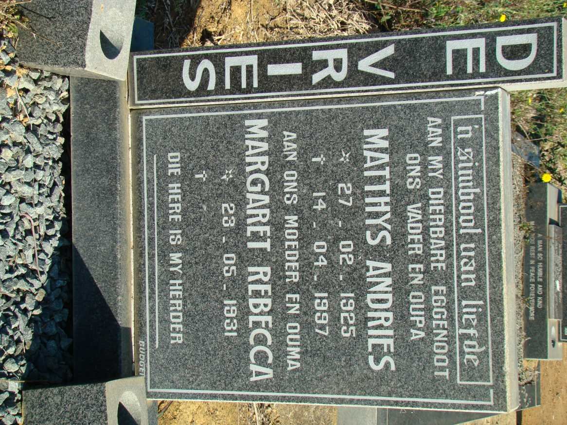 VRIES Matthys Andries, de 1925-1997 &amp; Margaret Rebecca 1931-