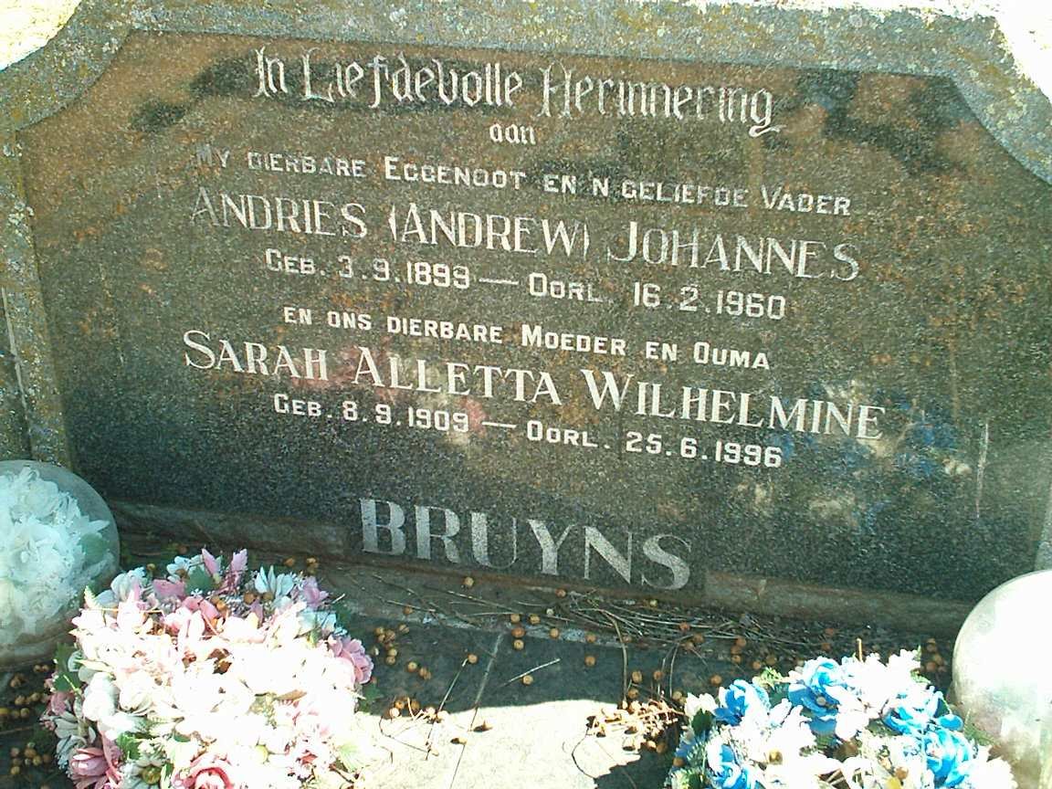 BRUYNS Andries Johannes 1899-1960 &amp; Sarah Alletta Wilhelmine 1909-1996