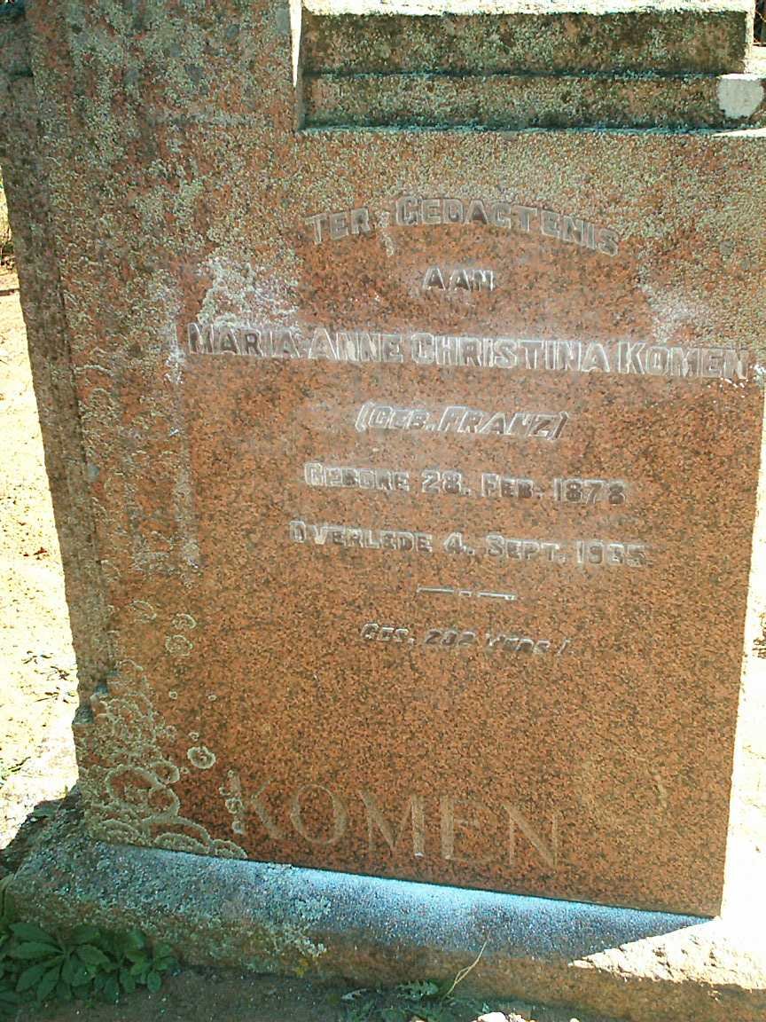 KOMEN Maria Anne Christina nee FRANZ 1878-1935