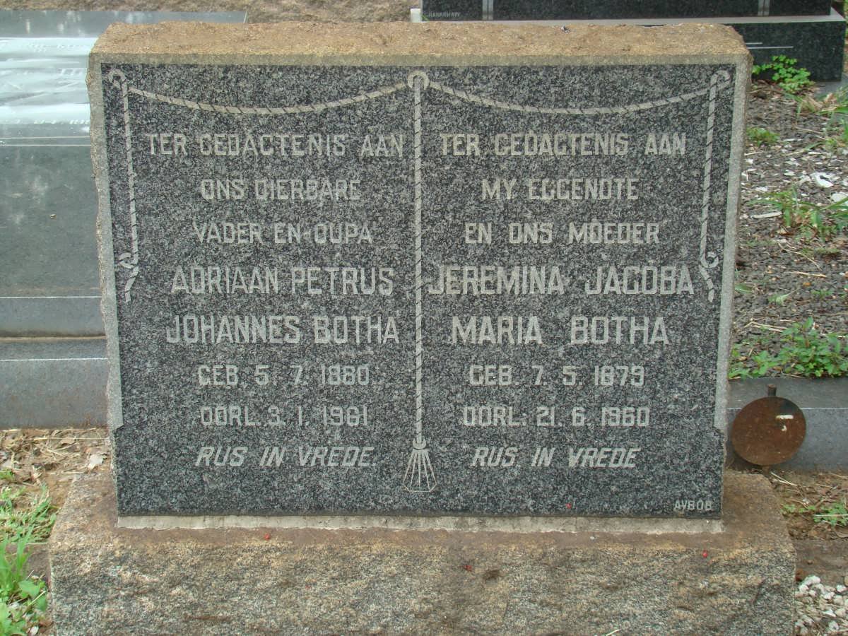 BOTHA Adriaan Johannes 1880-1961 &amp; Jeremina Jacoba Maria 1879-1960