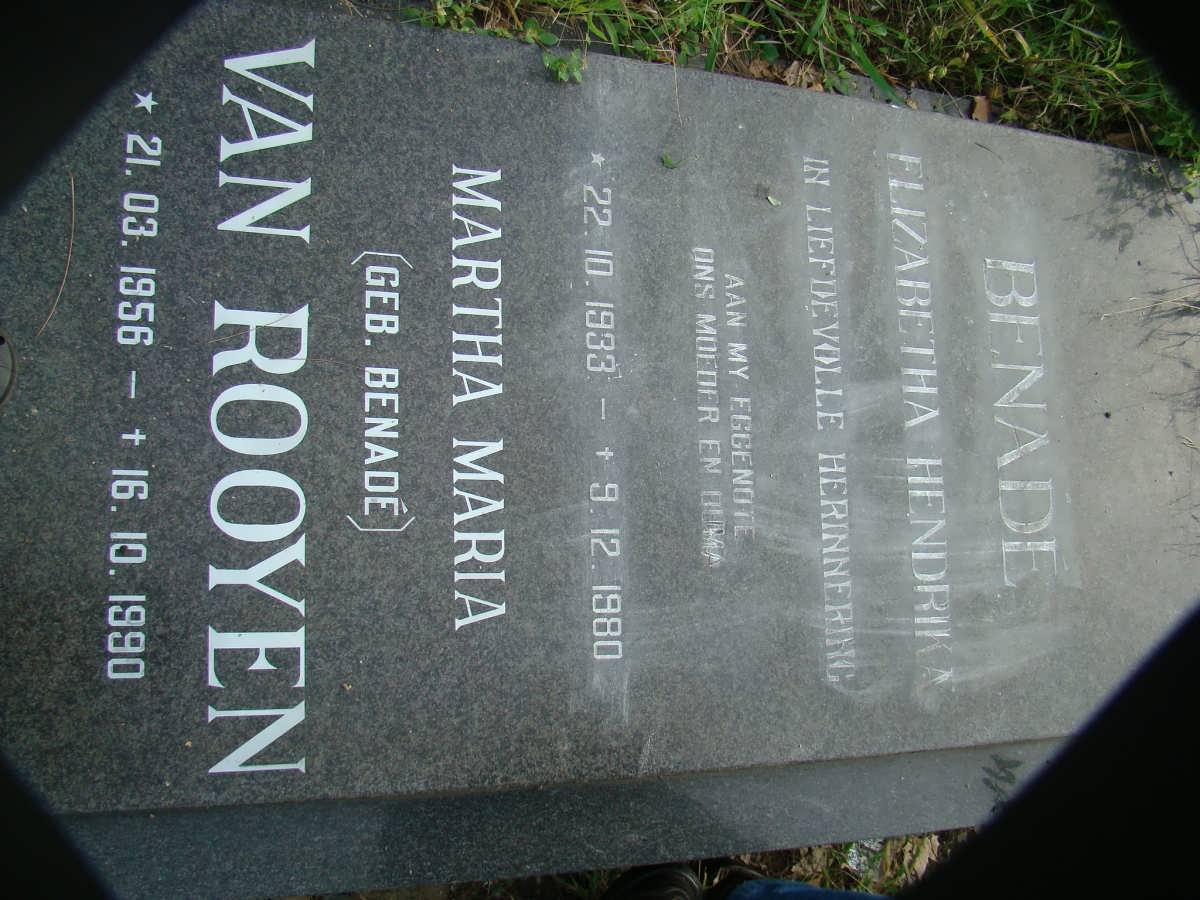 BENADÉ Elizabeth Hendrika 1933-1980 :: VAN ROOYEN Martha Maria nee BENADÉ 1956-1990