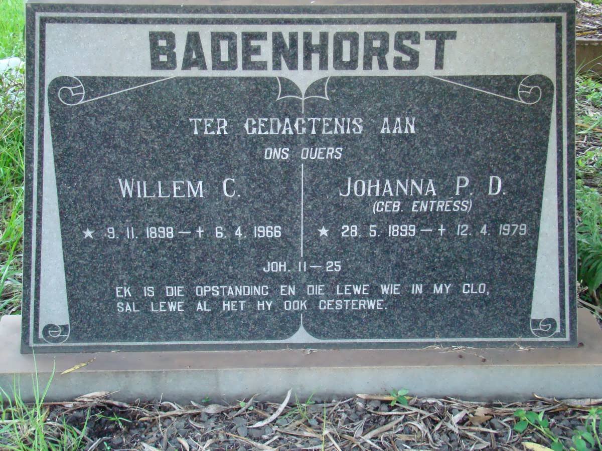 BADENHORST Willem C. 1898-1966 &amp; Johanna P.D. ENTRESS 1899-1979