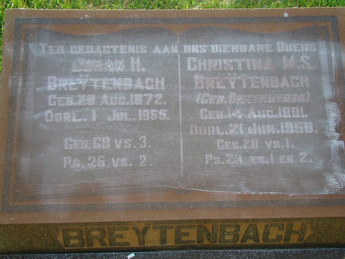 BREYTENBACH Johan H. 1872-1955 &amp; Christina M.S. OOSTHUIZEN 1881-1958