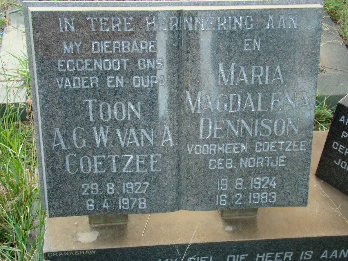 COETZEE Toon A.G.W. van A. 1927-1978 :: DENNISON Maria Magdalena voorheen COETZEE nee NORTJE 1924-1983