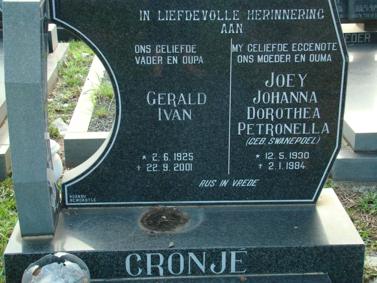 CRONJÉ Gerald Ivan 1925-2001 &amp; Joey Johanna Dorothea Petronella SWANEPOEL 1930-1984