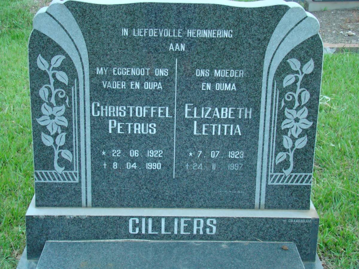 CILLIERS Christoffel Petrus 1922-1990 &amp; Elizabeth Letitia 1923-1997