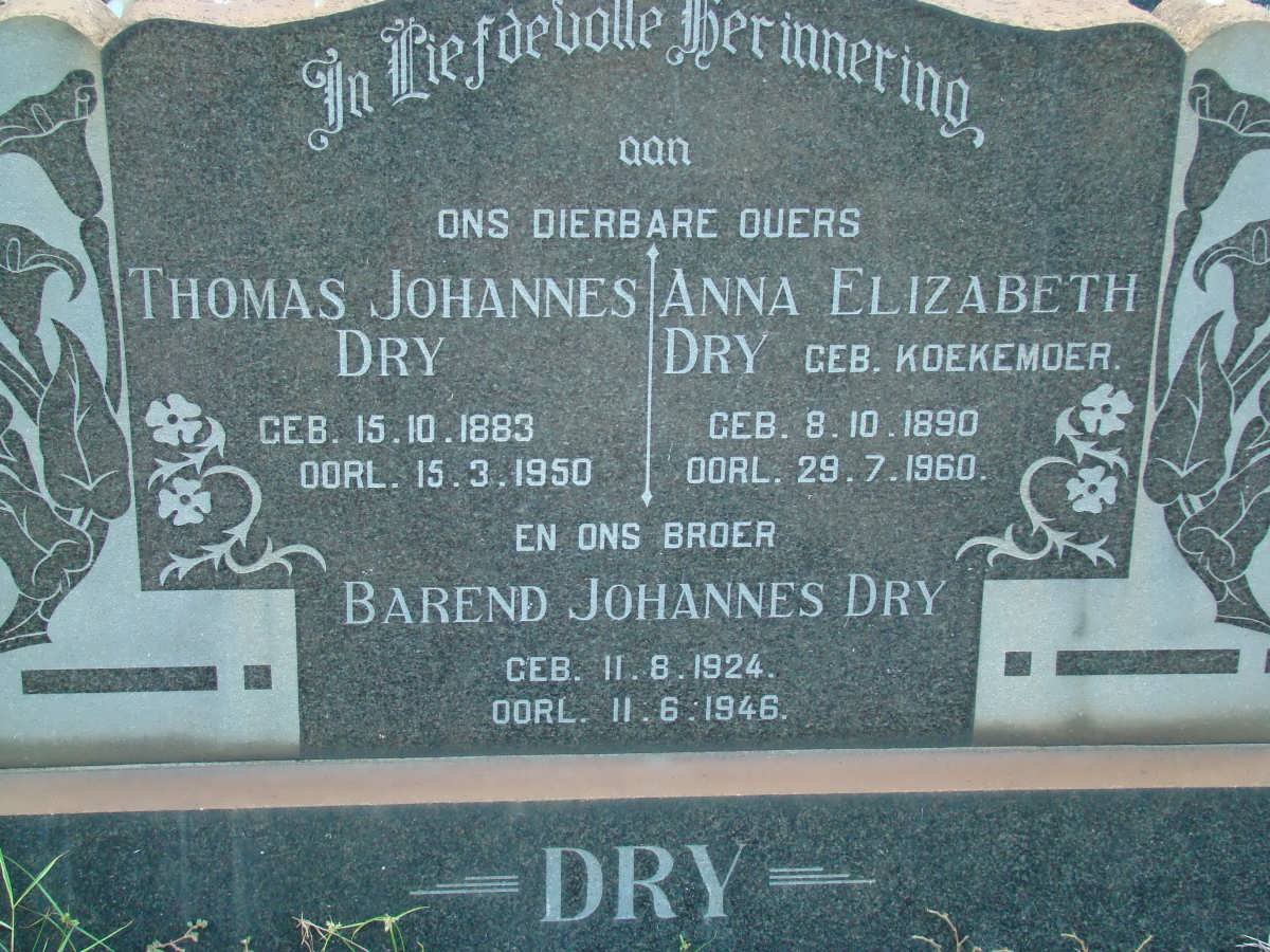 DRY Thomas Johannes 1883-1950 &amp; Anna Elizabeth KOEKEMOER 1890-1960 :: DRY Barend Johannes 1924-1946