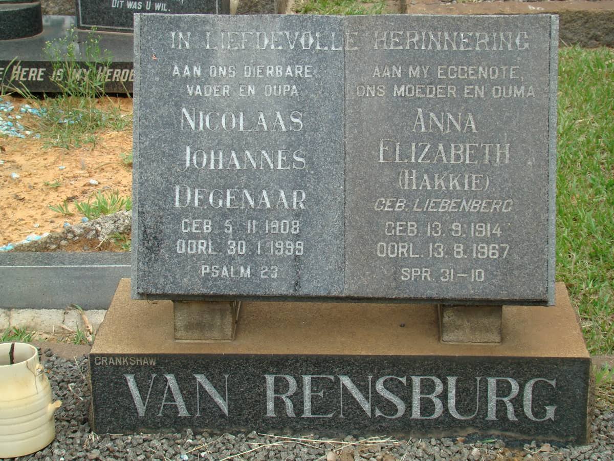 DEGENAAR Nicolaas Johannes 1908-1999 &amp; Anna Elizabeth LIEBENBERG 1914-1967