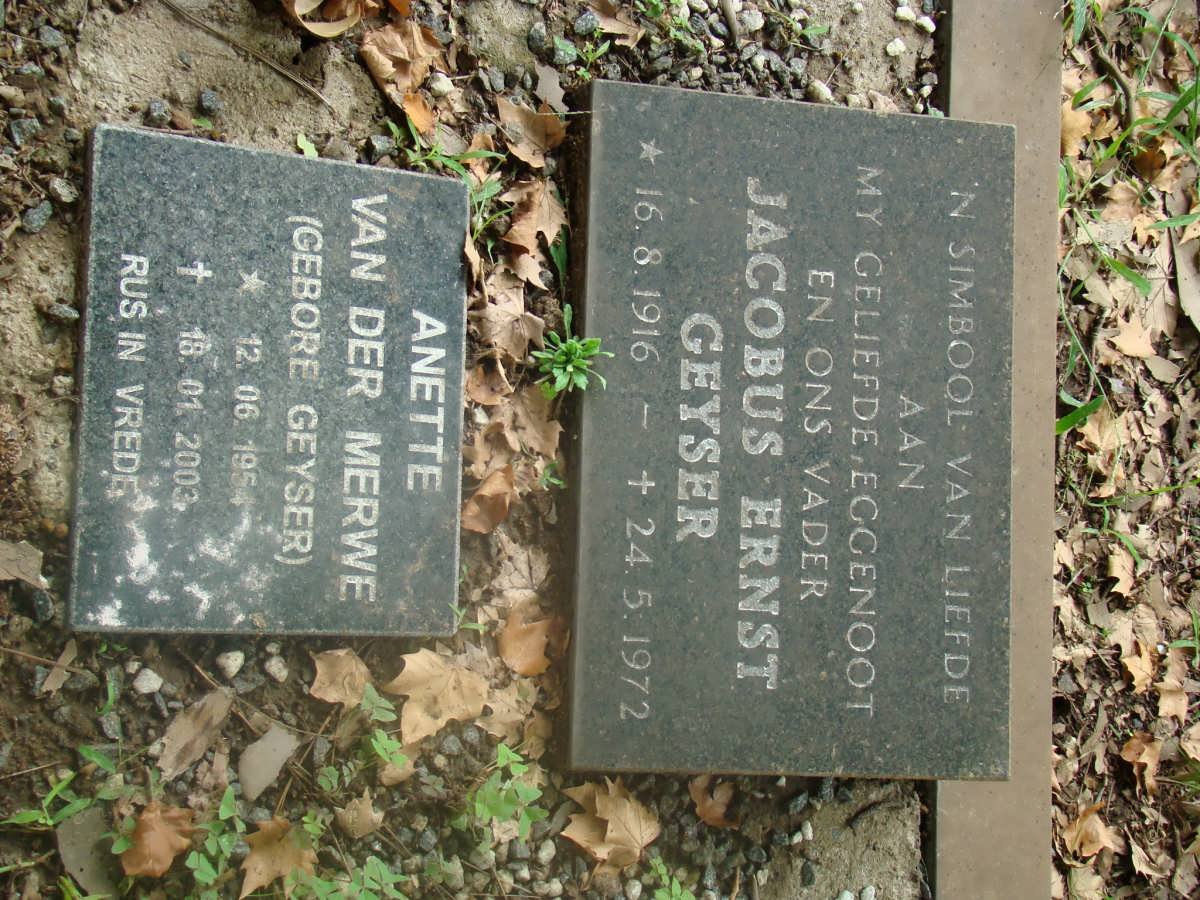 GEYSER Jacobus Ernst 1916-1972 :: VAN DER MERWE Anette nee GEYSER 1954-2003