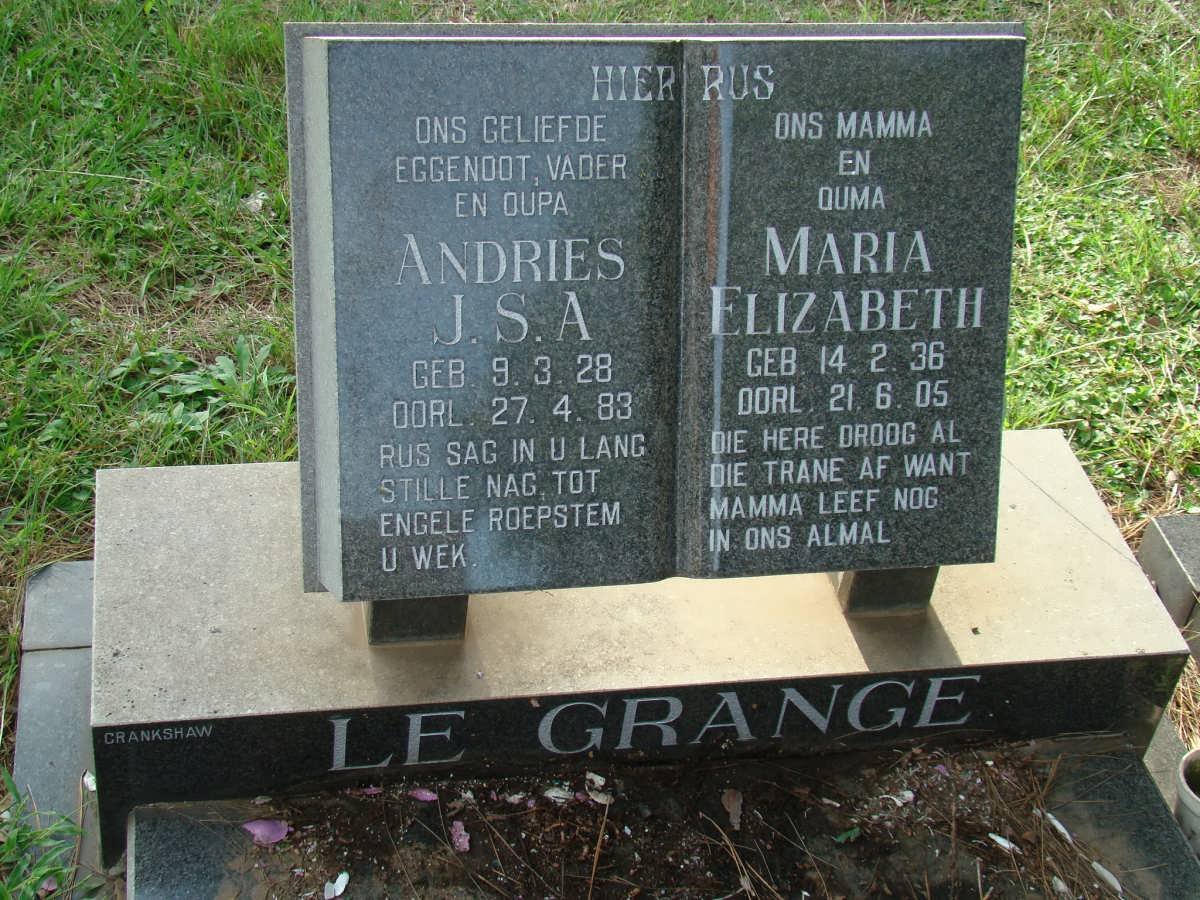 GRANGE Andries J.S.A., Le 1928-1983 &amp; Maria Elizabeth 1936-2005