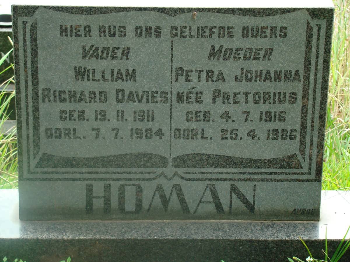 HOMAN William Richard Davies 1911-1984 &amp; Petra Johanna PRETORIUS 1916-1986