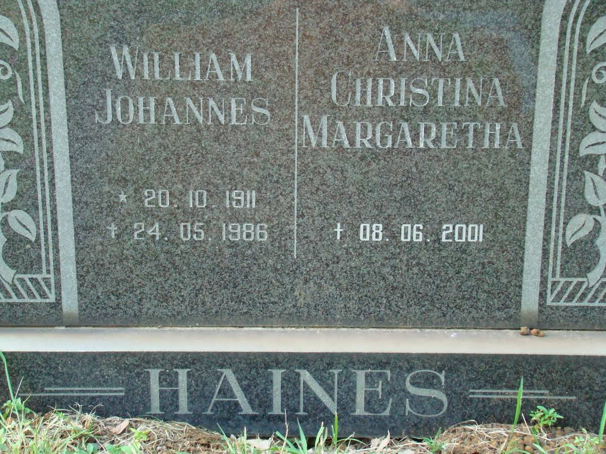 HAINES William Johannes 1911-1986 &amp; Anna Christina Margaretha -2001