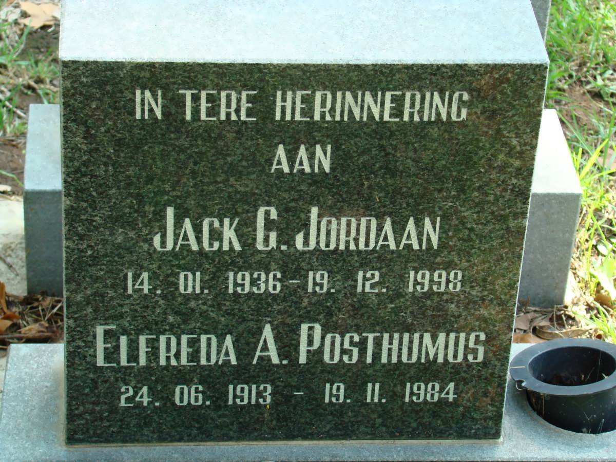 JORDAAN Jack G. 1936-1998 &amp; Elfreda A. POSTHUMUS 1913-1984