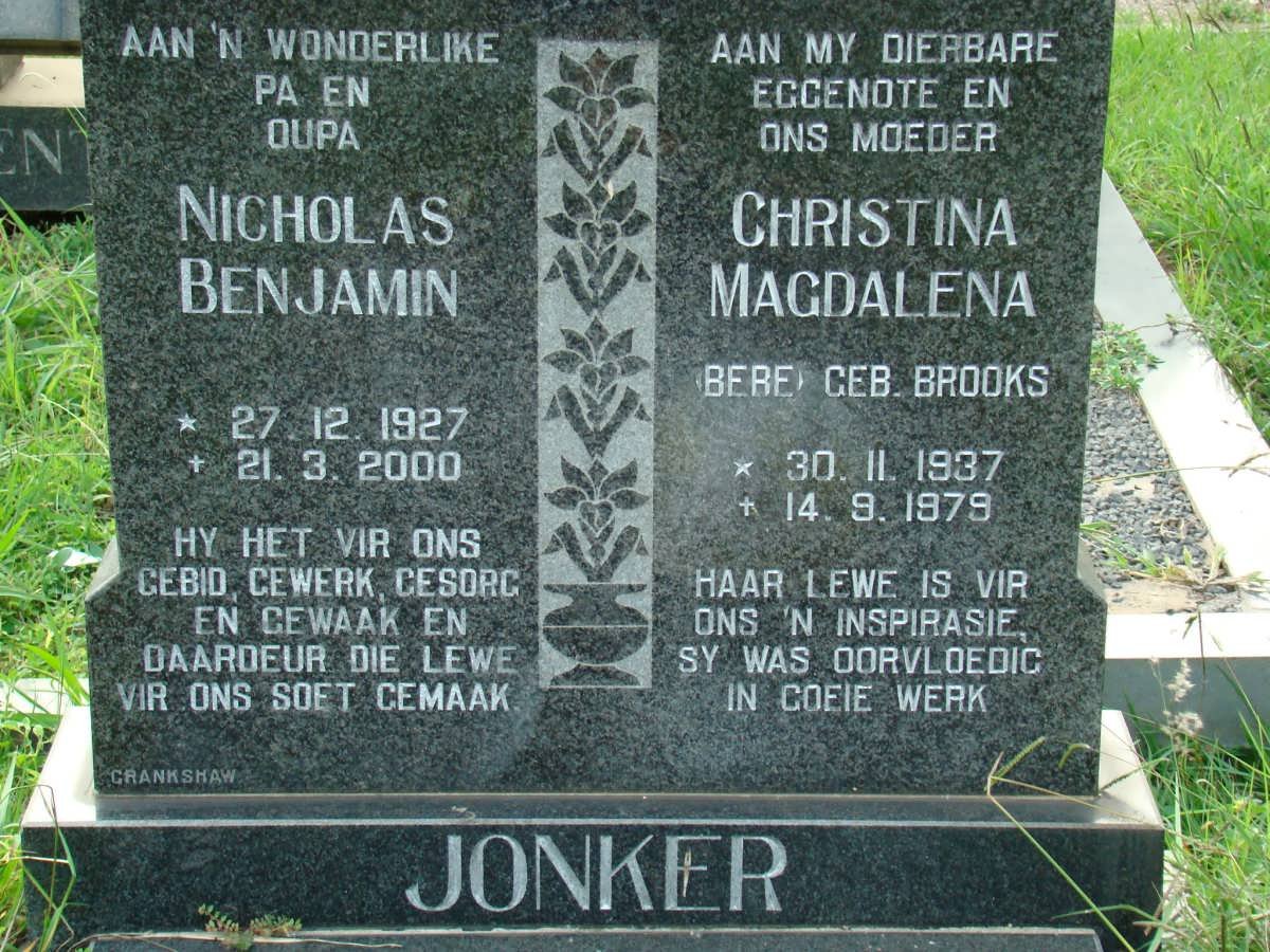 JONKER Nicholas Benjamin 1927-2000 &amp; Christina Magdalena BROOKS 1937-1979