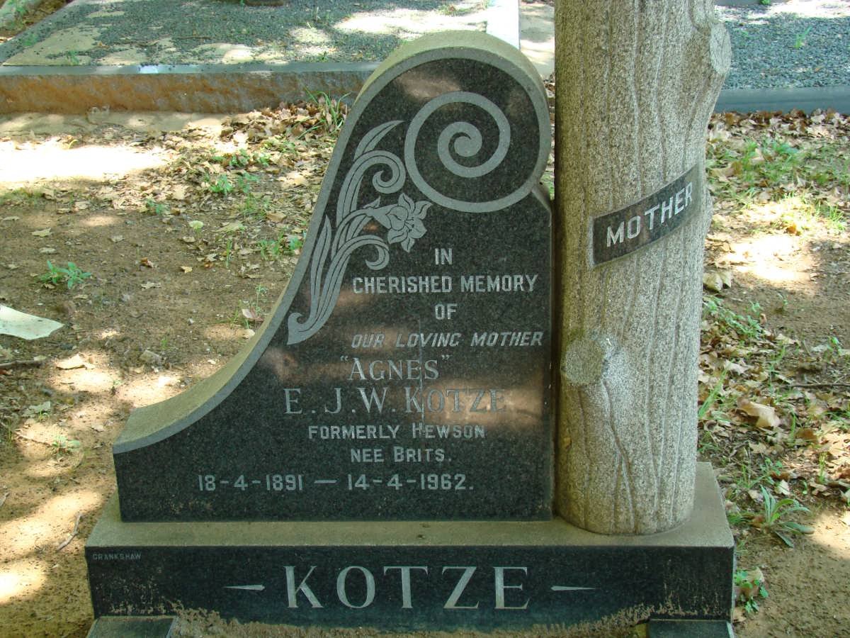 KOTZE E.J.W. formerly HEWSON nee BRITS 1891-1962