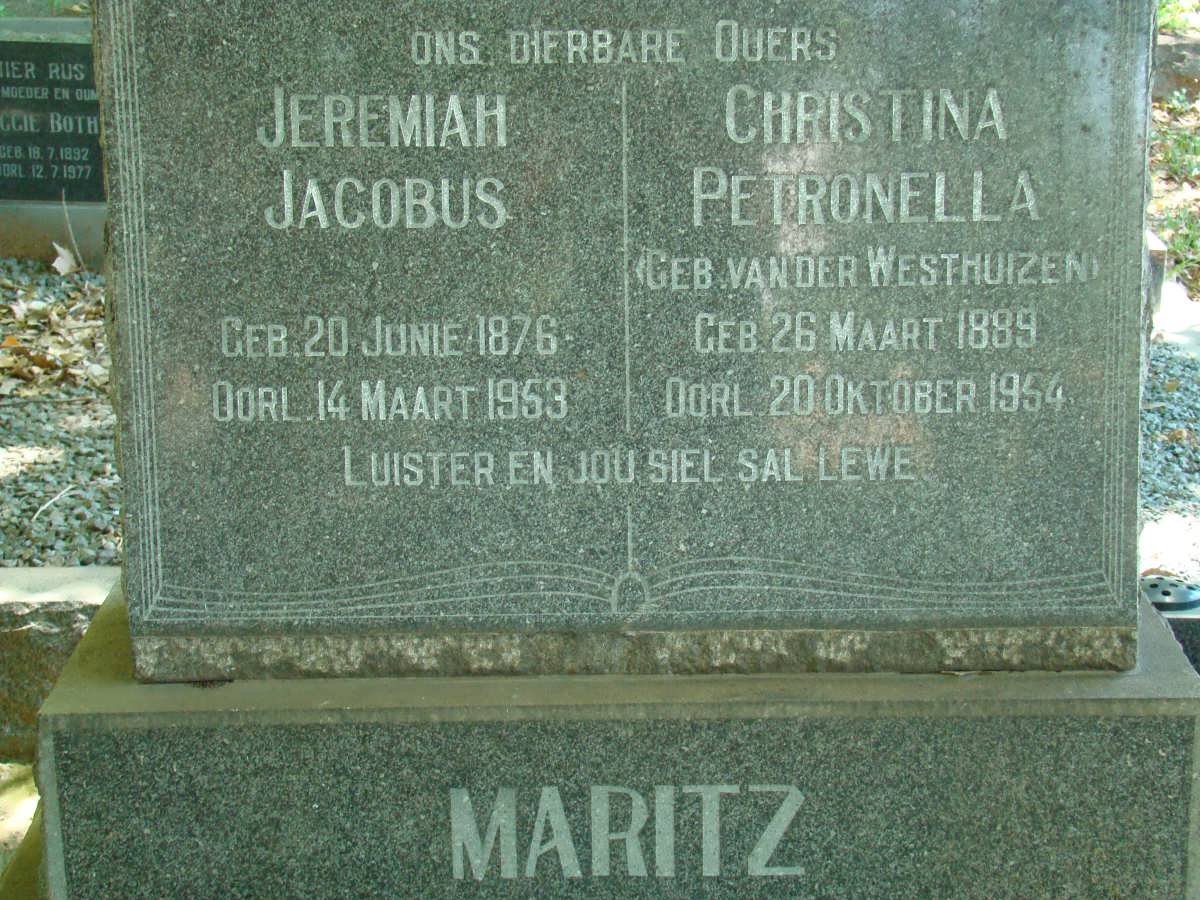 MARITZ Jeremiah Jacobus 1876-1953 &amp; Christina Petronella VAN DER WESTHUIZEN 1889-1954