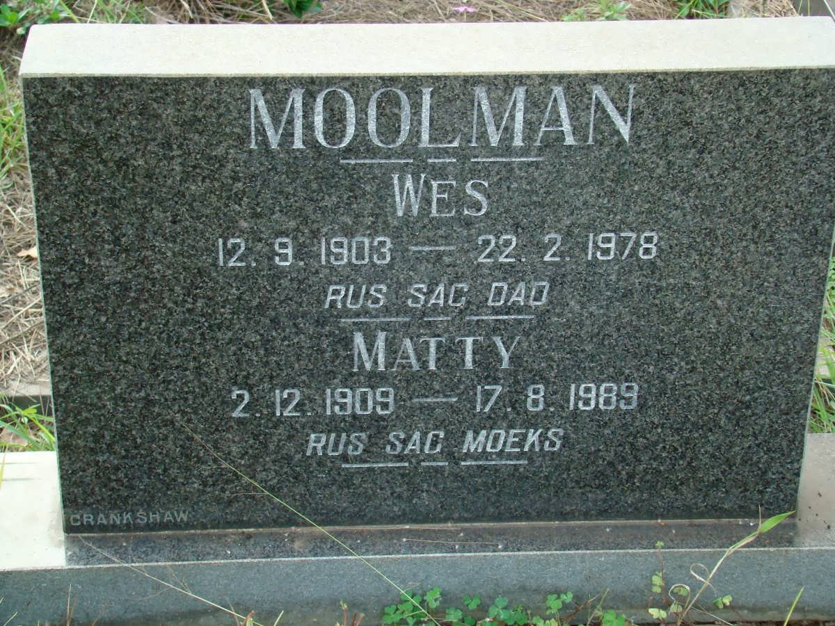 MOOLMAN Wes 1903-1978 &amp; Matty 1909-1989