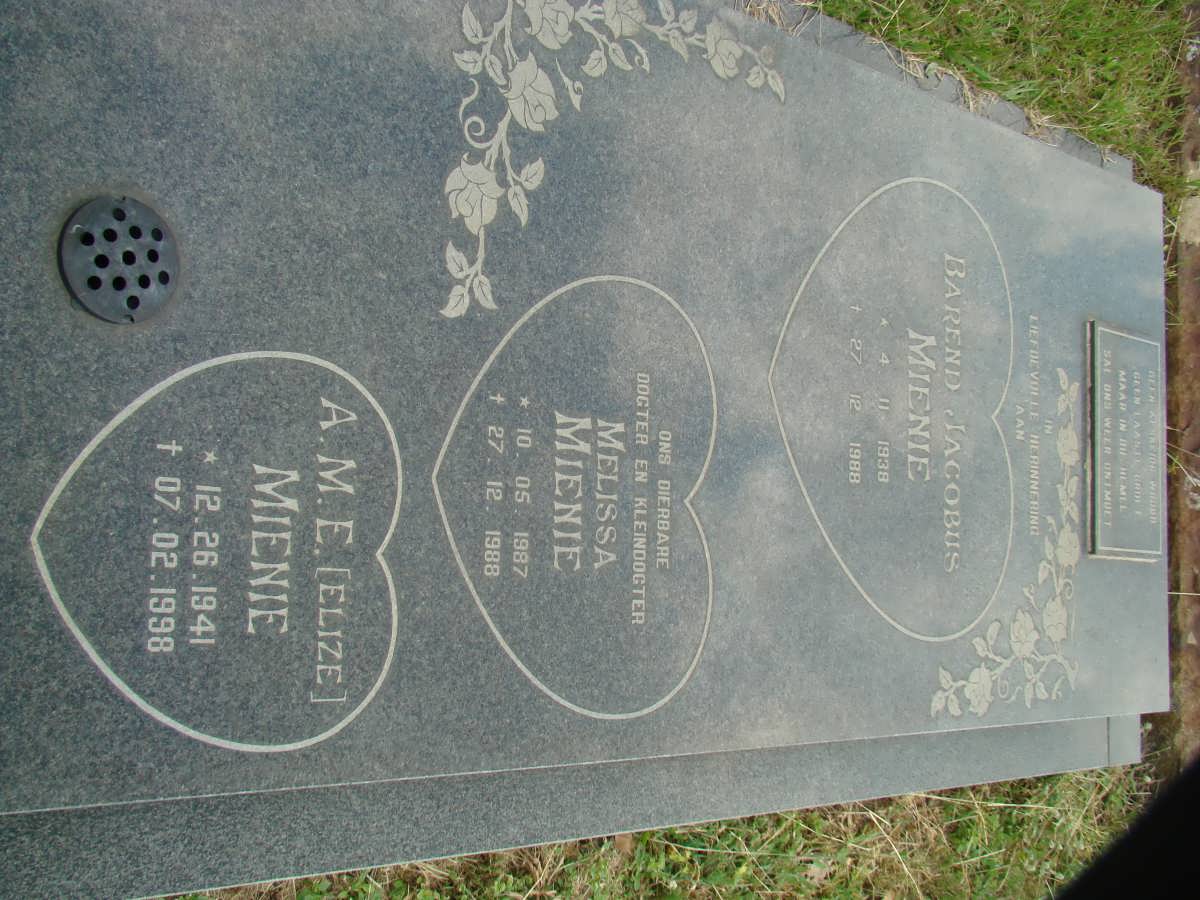 MIENIE Barend Jacobus 1938-1988 :: MIENIE A.M.E. 1941-1998 :: MIENIE Melissa 1987-1988