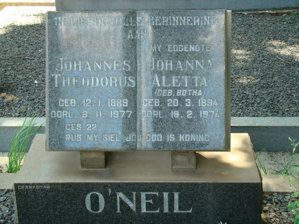 O'NEIL Johannes Theodorus 1889-1977 &amp; Johanna Aletta BOTHA 1894-1974