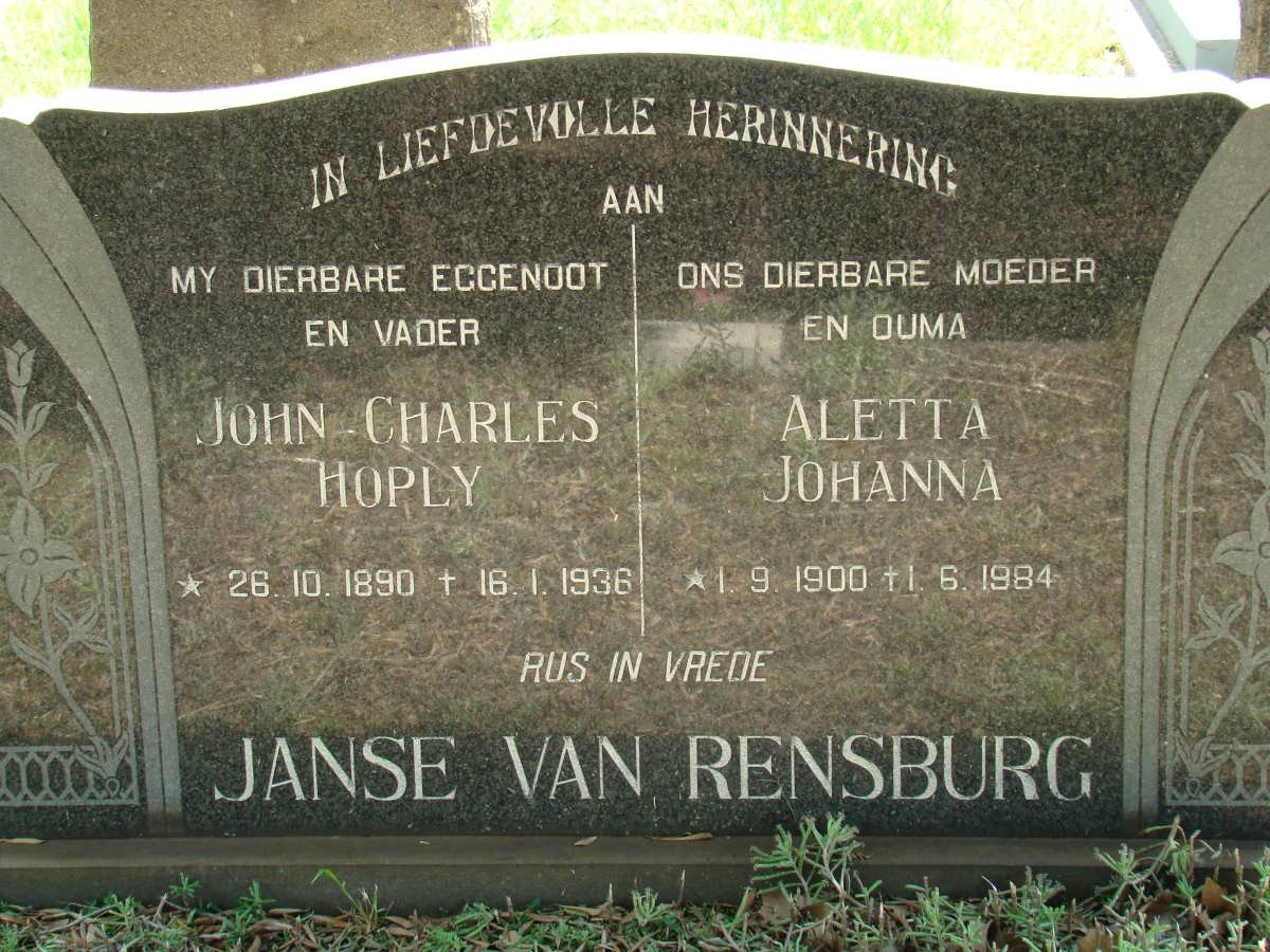 RENSBURG John Charles Hoply, Janse van 1890-1936 &amp; Aletta Johanna 1900-1984