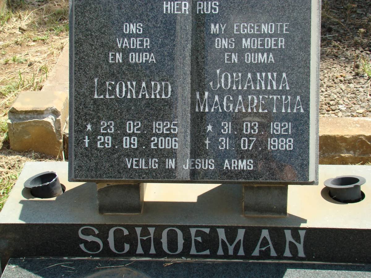 SCHOEMAN Leonard 1925-2006 &amp; Johanna Magaretha 1921-1988