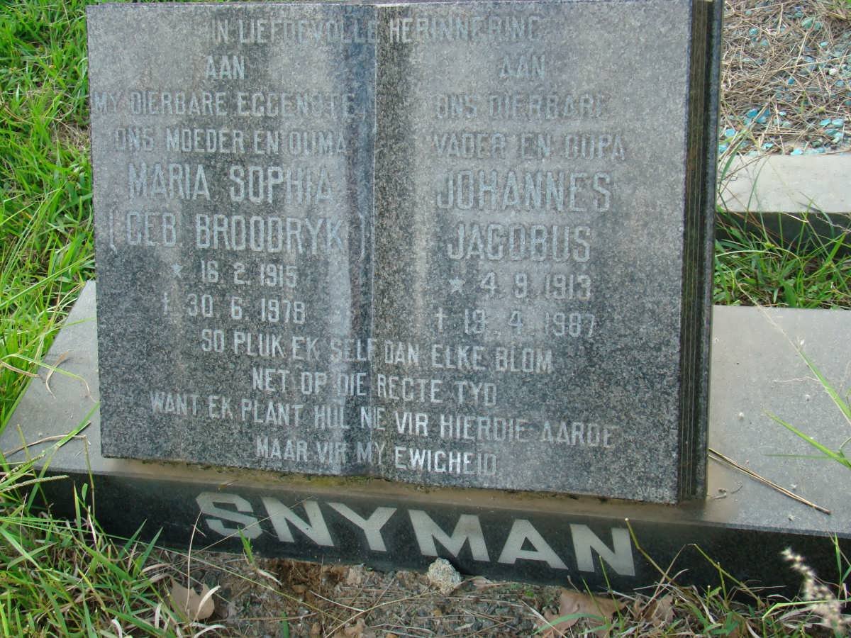 SNYMAN Johannes Jacobus 1913-1987 &amp; Maria Sophia BROODRYK 1915-1978