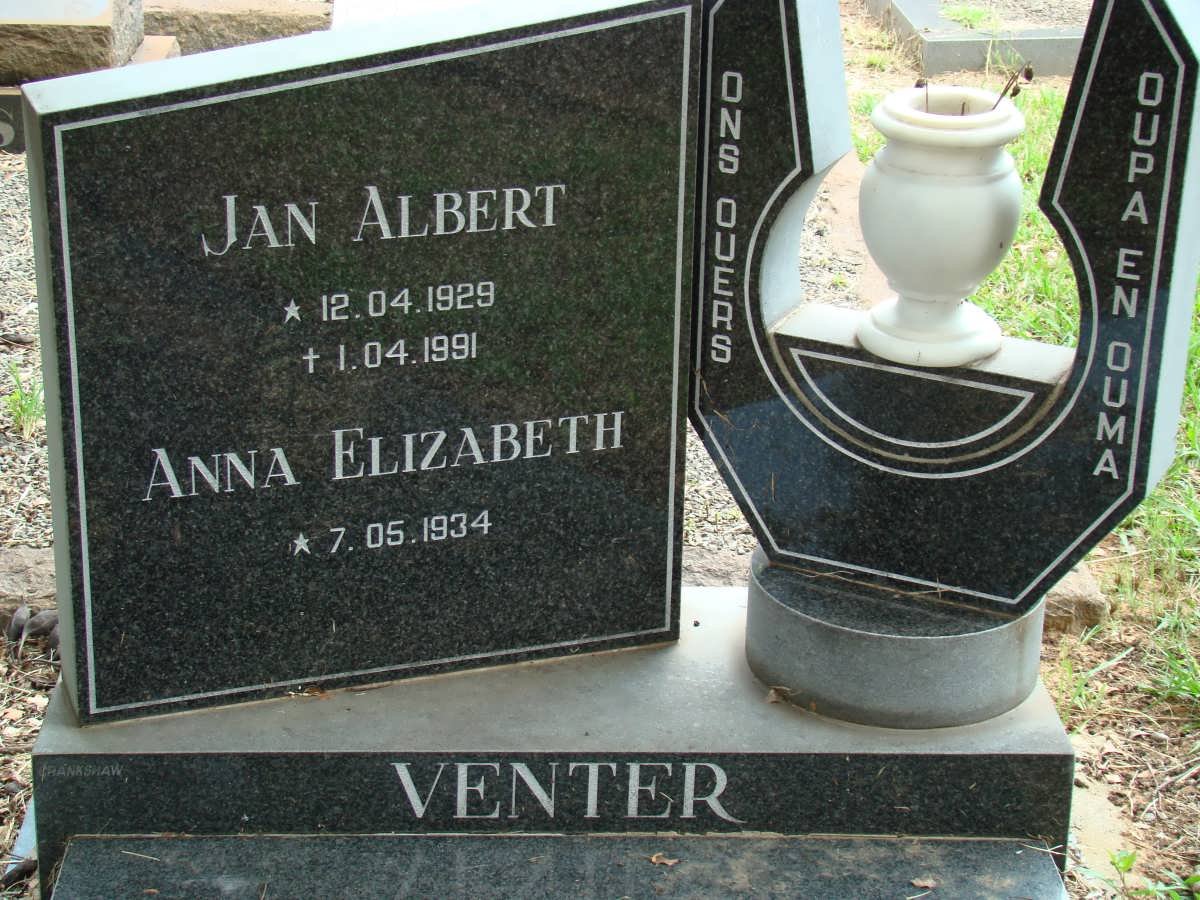VENTER Jan Albert 1929-1991 &amp; Anna Elizabeth -1934