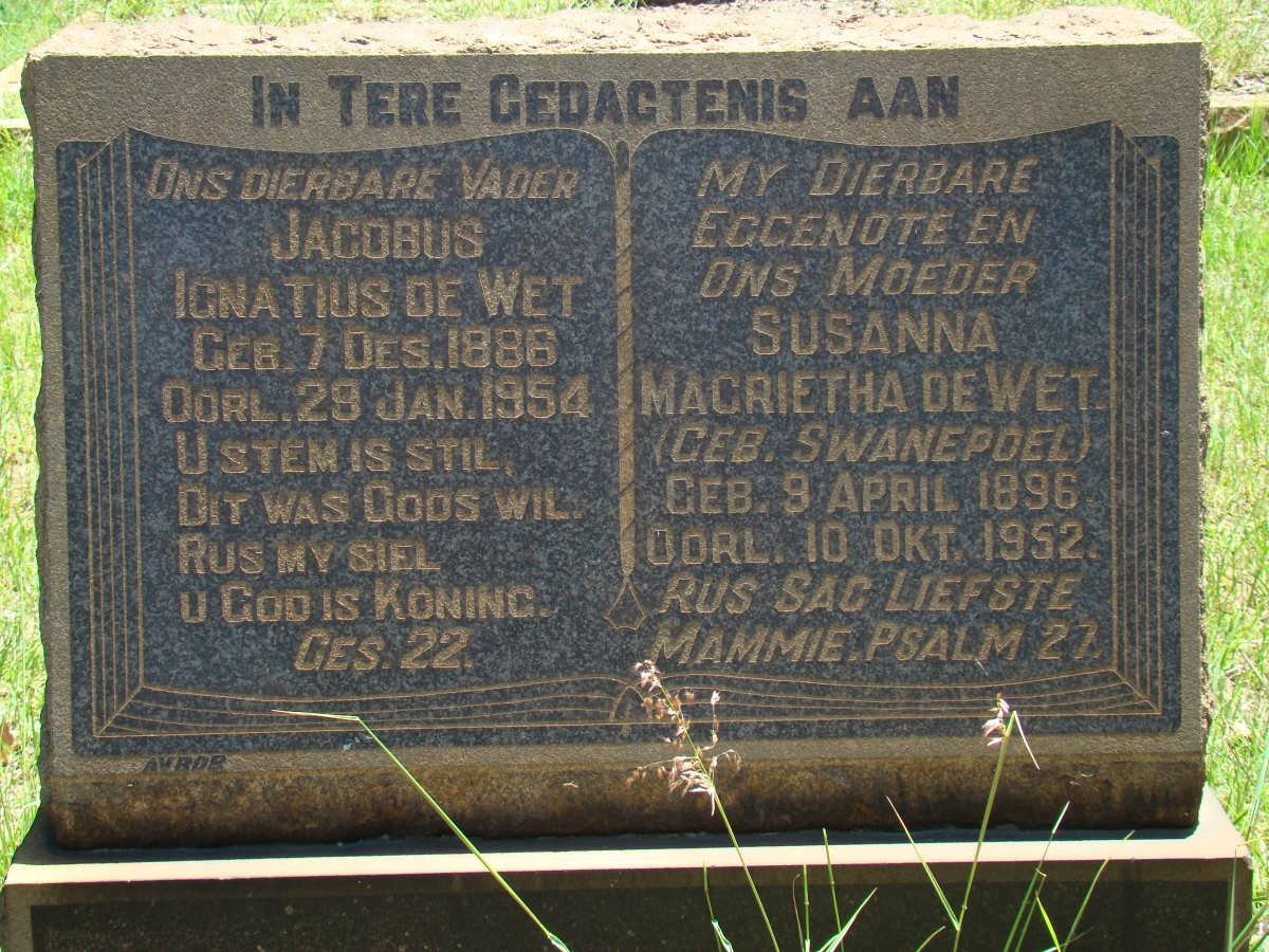 WET Jacobus Ignatius, de 1886-1954 &amp; Susanna Magrietha SWANEPOEL 1896-1952