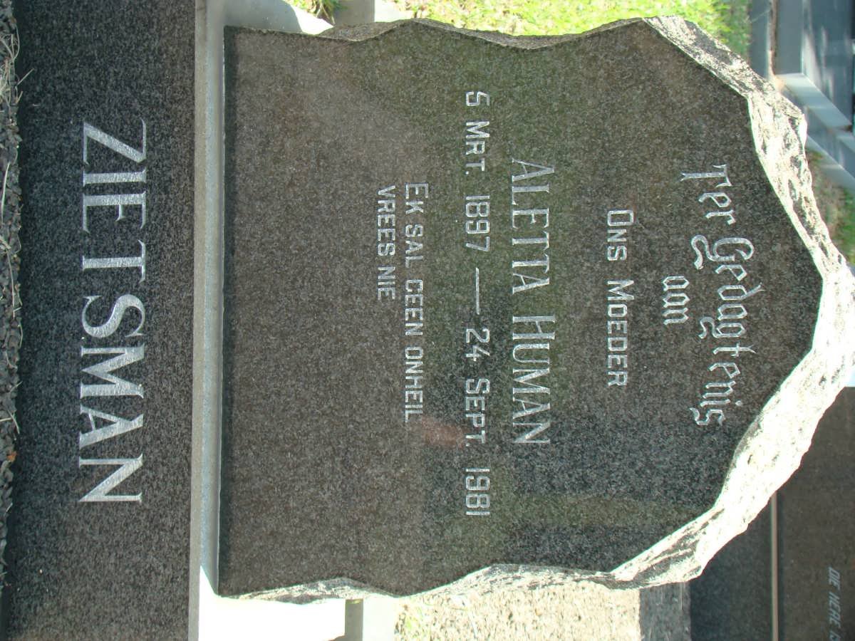 ZIETSMAN Aletta nee HUMAN 1897-1981