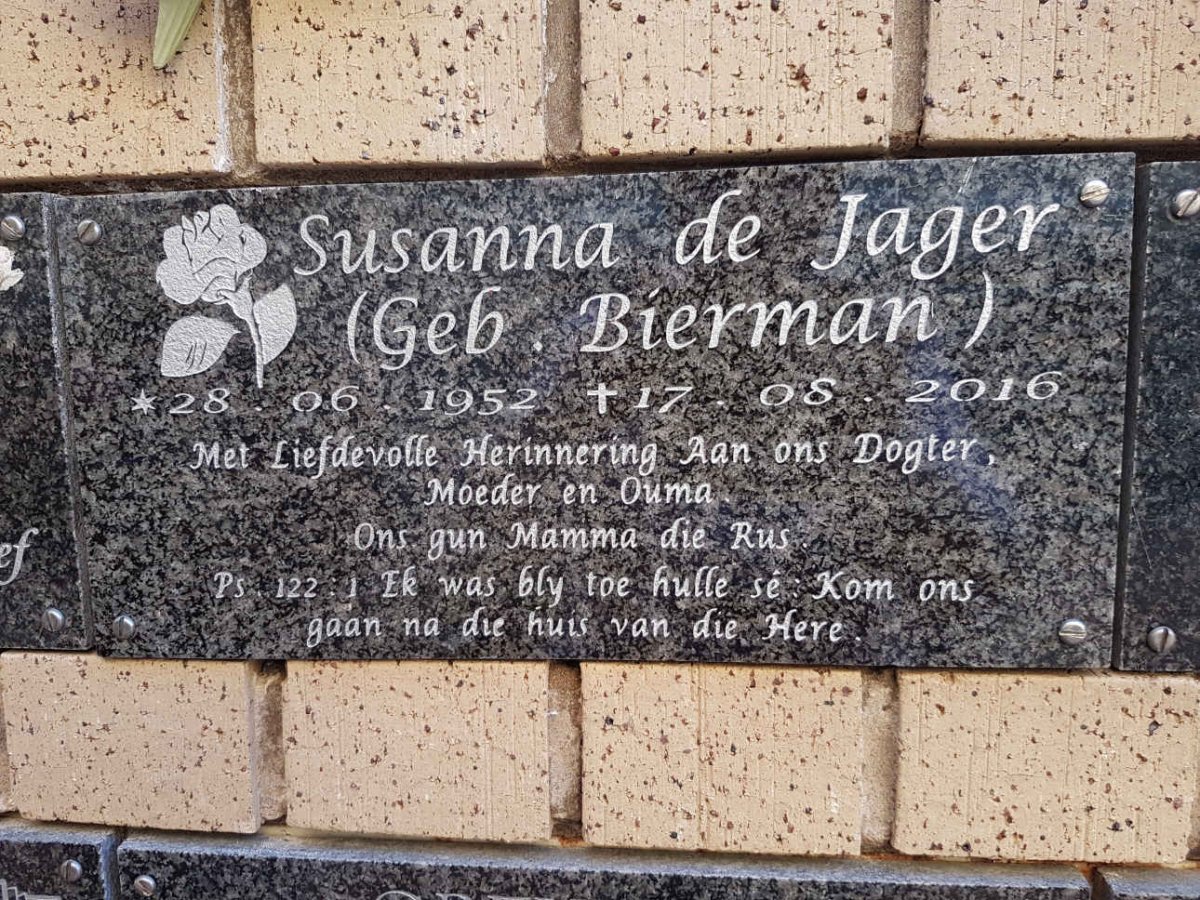 JAGER Susanna, de nee BIERMAN 1952-2016