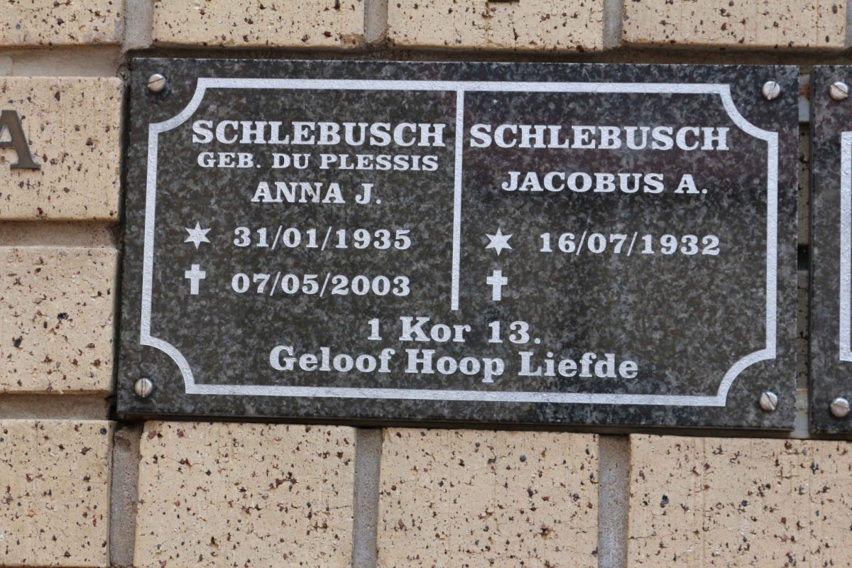 SCHLEBUSCH Jacobus A. 1932- &amp; Anna J. DU PLESSIS 1935-2003