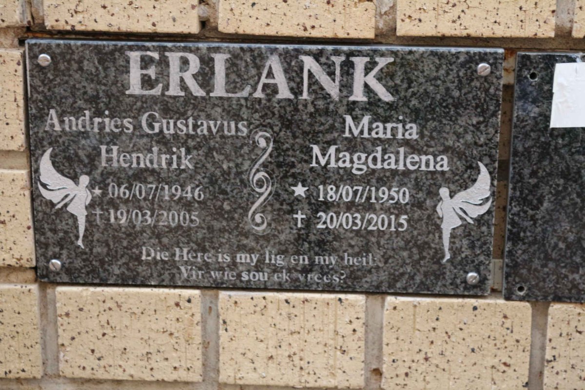 ERLANK Andries Gustavus Hendrik 1946-2005 &amp; Maria Magdalena 1950-2015