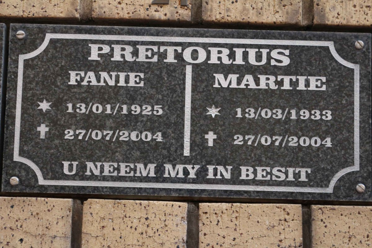 PRETORIUS Fanie 1925-2004 &amp; Martie 1933-2004