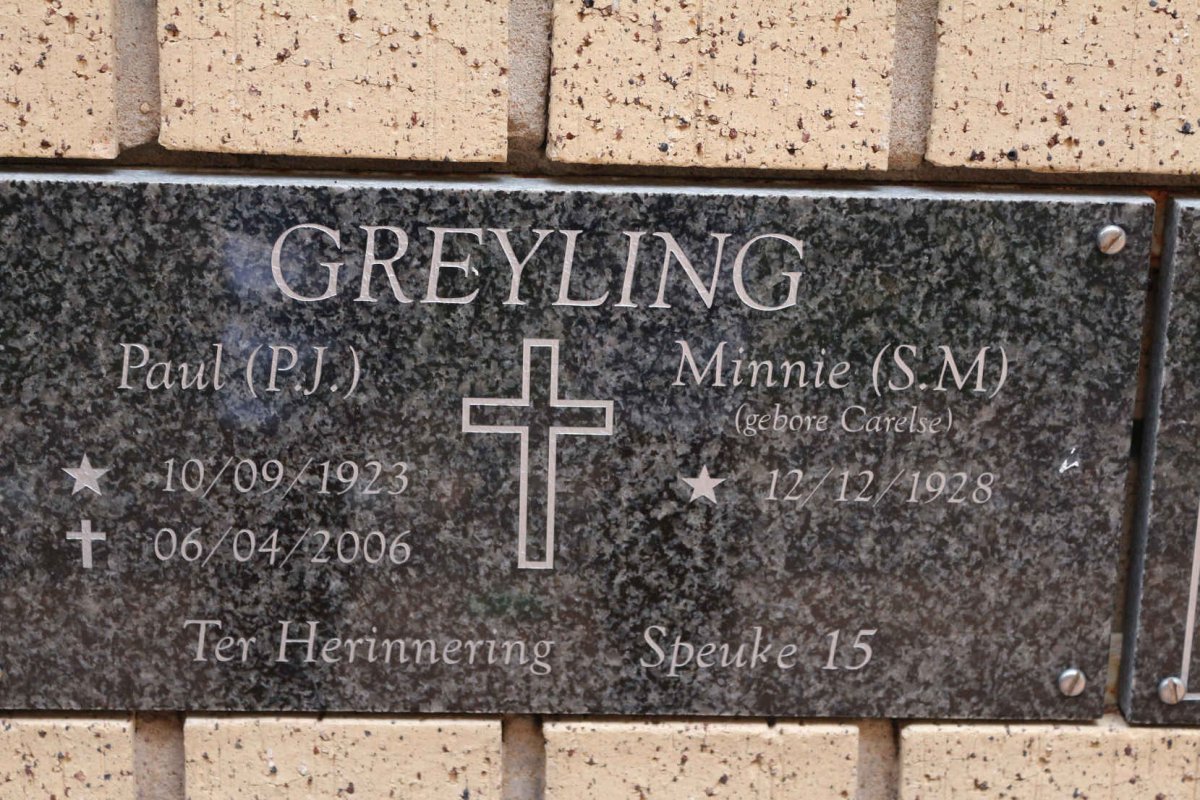 GREYLING P.J. 1923-2006 &amp; S.M. CARELSE 1928-