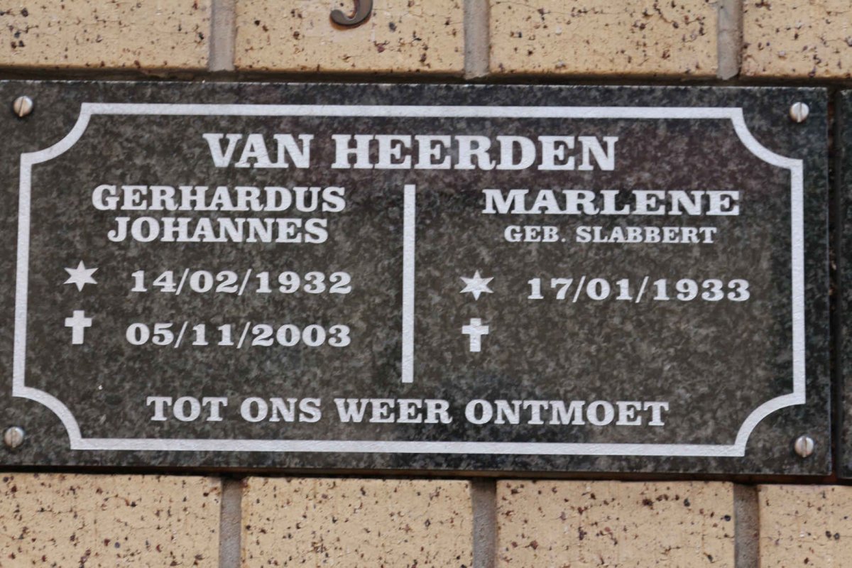 HEERDEN Gerhardus Johannes, van 1932-2003 &amp; Marlene SLABBERT 1933-