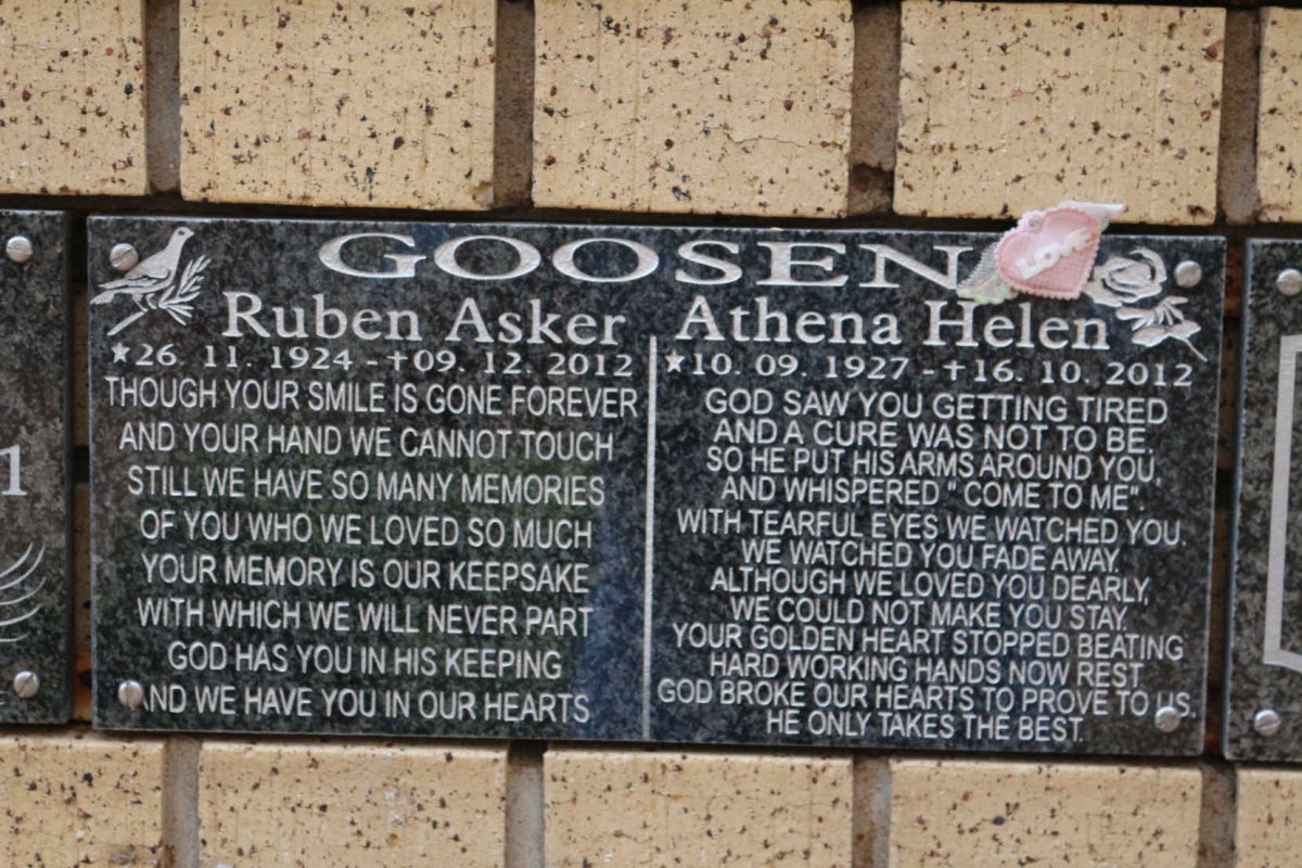 GOOSEN Ruben Asker 1924-2012 &amp; Athena Helen 1927-2012