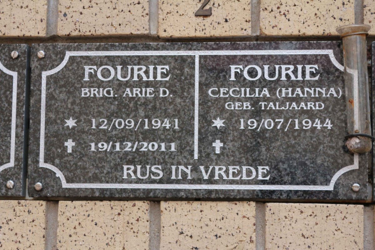 FOURIE Arrie D. 1941-2011 &amp; Cecilia TALJAARD 1944-