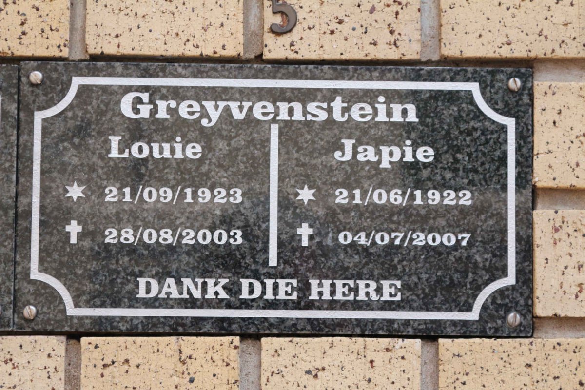GREYVENSTEIN Japie 1922-2007 &amp; Louie 1923-2003