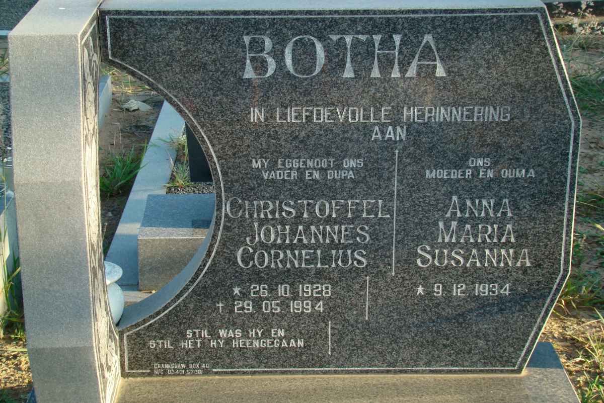 BOTHA Christoffel Johannes Cornelius 1928-1994 &amp; Anna Maria Susanna 1934-