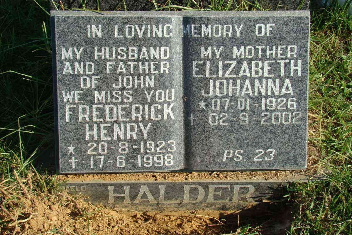HALDER Frederick Henry 1923-1998 &amp; Elizabeth Johanna 1926-2002