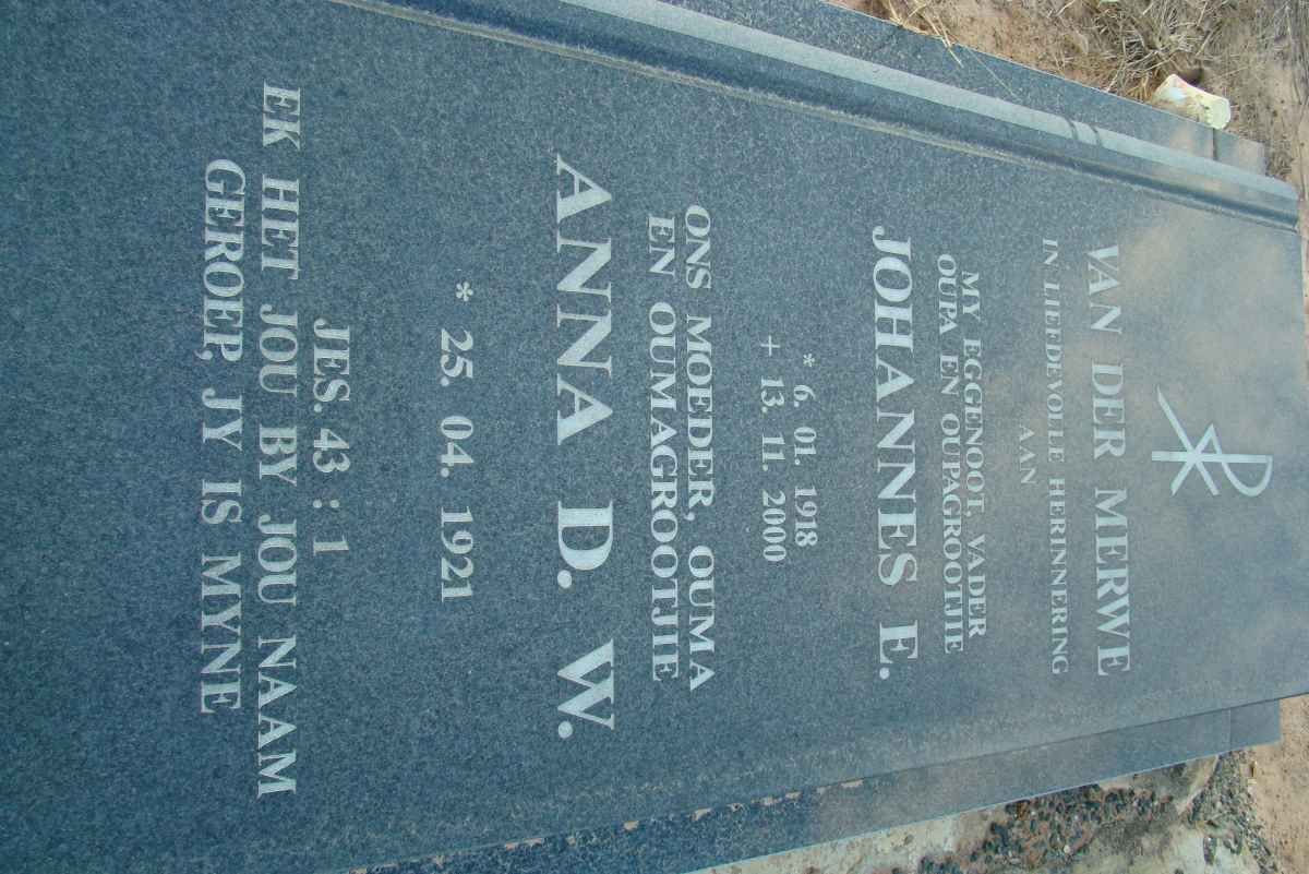 MERWE Johannes E., van der 1918-2000 &amp; Anna D.W. 1921-
